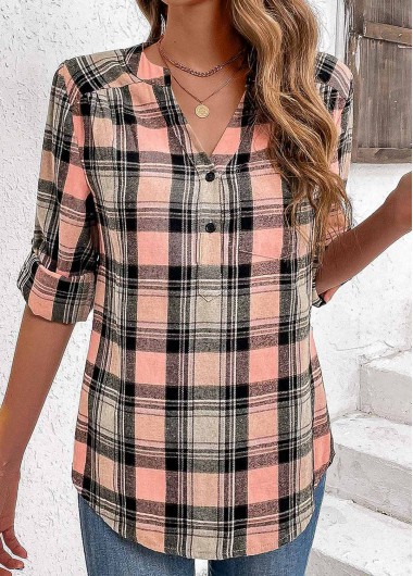 Modlily Pink Ruched Plaid Long Sleeve Split Neck Blouse - L