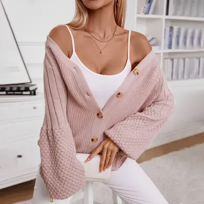 Solid Knit Women's Open Front Cardigan Sweaters V-Neck Long Sleeve Button-Down Cardigan