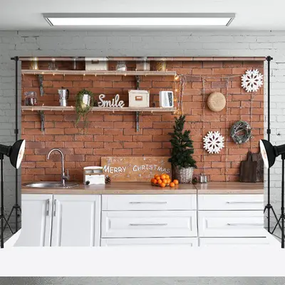 Red Brick Wall Cupboard Merry Christmas Backdrop - Aperturee