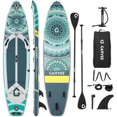 Garvee Wide Stable Inflatable Upright Paddle Board for Adults & Youth – Non-Slip EVA Deck, Lightweight, Built-in Camera Mou...