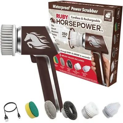 Ruby Horsepower Scrubber Waterproof Spin Brush for Cleaning Bathroom, Kitchen, Indoor Outdoor Use, 5 Replaceable Brush Heads ...