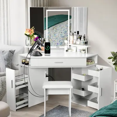 【2 Packages Delivery】VOWNER Modern Corner Makeup Vanity with Led Lighted Mirror Power Outlet Brightness Adjustable dressi...