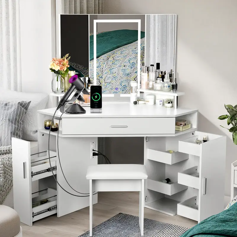 【2 Packages Delivery】VOWNER Modern Corner Makeup Vanity with Led Lighted Mirror Power Outlet Brightness Adjustable dressi...