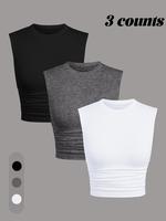 Women's Solid Ruched Crop Tank Top, Minimalist Casual Sleeveless Round Neck Cropped Top for Summer, Ladies Crewneck Clothes ...