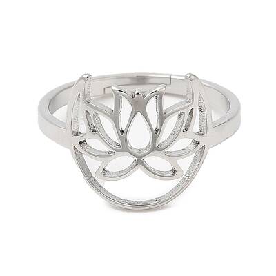 Non-Tarnish 304 Stainless Steel Hollow Lotus Adjustable Ring for Women