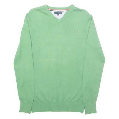 TOMMY HILFIGER Mens Jumper Green V-Neck Tight Knit M