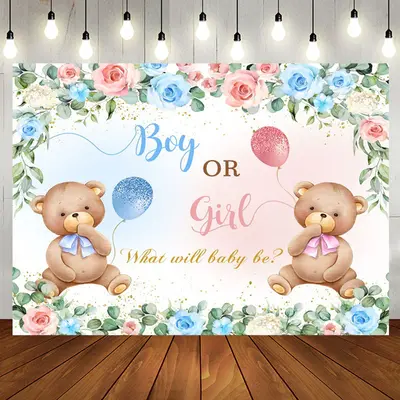 Pink Blue Floral Teddy Bear Gender Reveal Backdrop - Aperturee