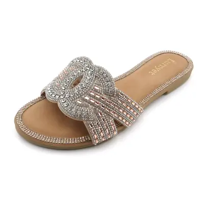 Women's Open Toe Rhinestone Slide Sandals Casual and Dressy Slip-On Flats for Beach and Beyond