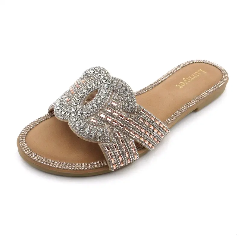Women's Open Toe Rhinestone Slide Sandals Casual and Dressy Slip-On Flats for Beach and Beyond