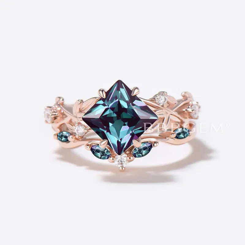 Princess Color-change Alexandrite Twisted ring Nature Inspired Bridal Set