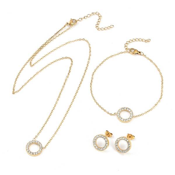 Ring 304 Stainless Steel Crystal Rhinestone Pendant Necklaces & Bracelets & Stud Earrings Sets for Women