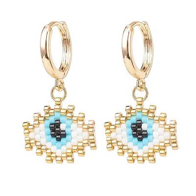 Japanese Seed Braided Rhombus with Evil Eye Dangle Hoop Earrings