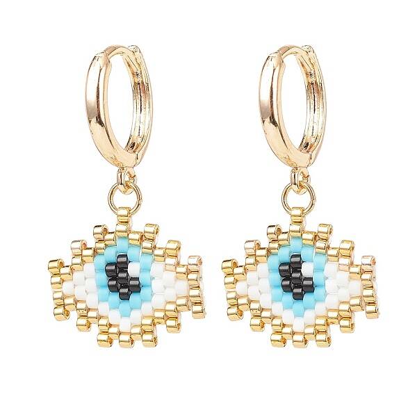 Japanese Seed Braided Rhombus with Evil Eye Dangle Hoop Earrings