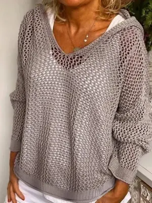 Women's Solid Hollow Out Sheer Hooded Sweater, Casual Drop Shoulder Long Sleeve Jumper for Summer, Fashion Ladies' Knitwear ...