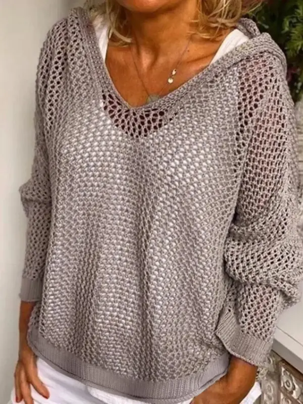 Women's Solid Hollow Out Sheer Hooded Sweater, Casual Drop Shoulder Long Sleeve Jumper for Summer, Fashion Ladies' Knitwear ...