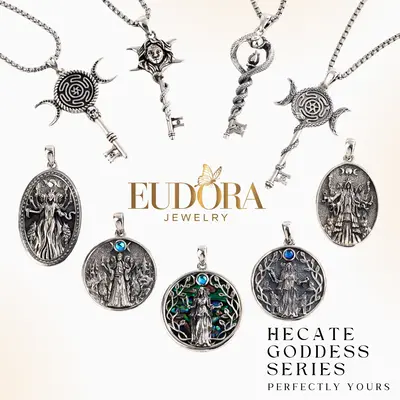 EUDORA Sterling Silver Hecate Goddess Necklace Collection, Triple Moon Goddess Pendant, Divine Feminine Amulet, Witchcraft Sn...