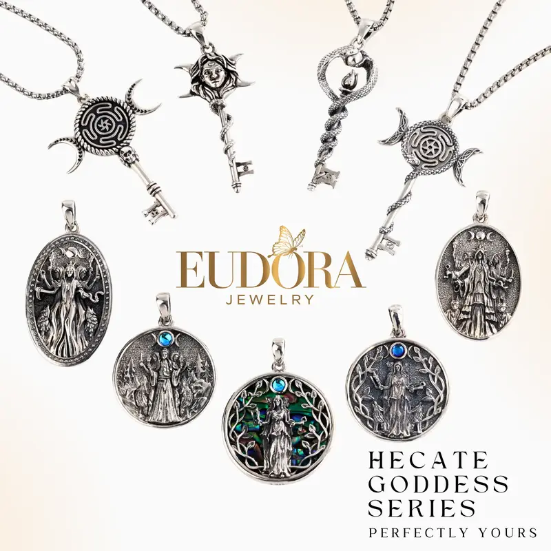 EUDORA Sterling Silver Hecate Goddess Necklace Collection, Triple Moon Goddess Pendant, Divine Feminine Amulet, Witchcraft Sn...