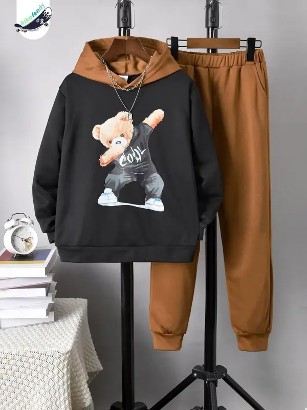 Two-Piece Set Boy's Cartoon Bear Print Hooded Sweatshirt & Plain Elastic Waist Pocket Sweatpants, Street Fashion Cozy Breatha...