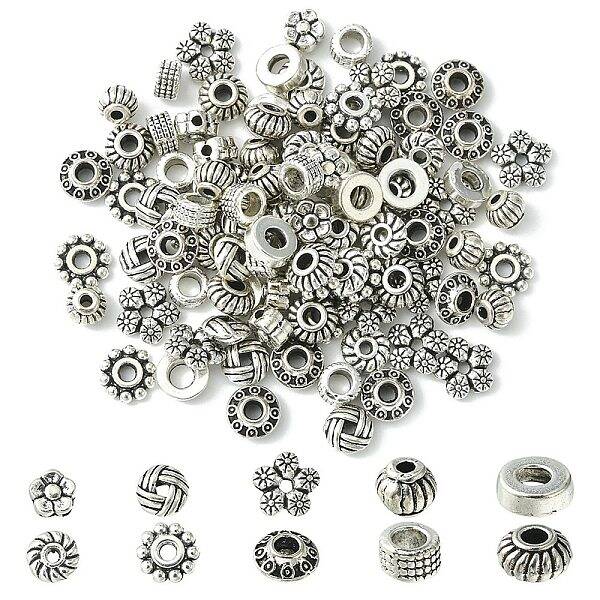 100Pcs 10 Styles Tibetan Style Alloy Spacer Beads