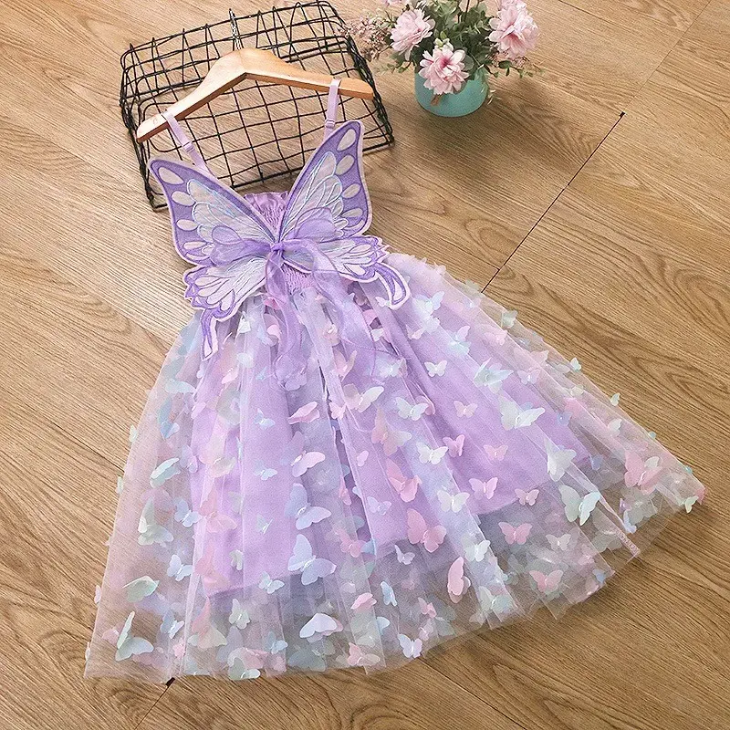 Baby Girls Purple Butterfly Dress Summer Children Colorful Mesh Dress Baby Sling Wings Princess Dress for Birthday 2-6 Years