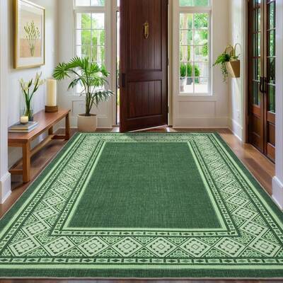 Garvee Modern Neutral Bordered Area Rug Green 9'x12' Soft Washable Non-Slip Polyester Durable Low-Pile Living Room Bedroom Of...