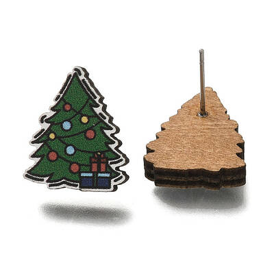 Christmas Printed Wood Stud Earrings for Women