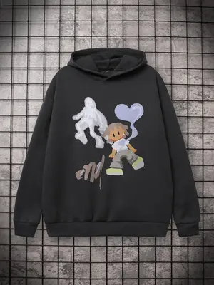 Men's Cartoon Print Graphic Hoodies, Drippy Outfits, Casual Hooded Sweatshirt, Teens Men's Clothes for Spring & Fall, Going O...