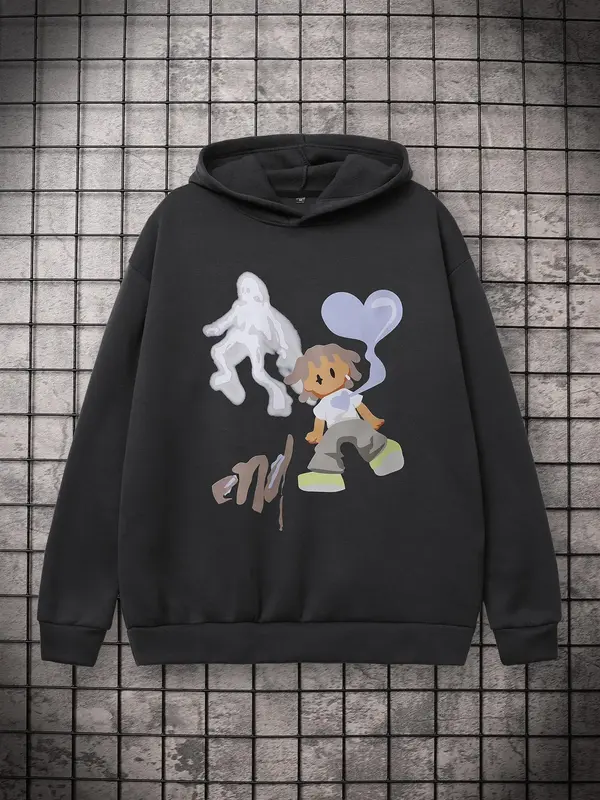 Men's Cartoon Print Graphic Hoodies, Drippy Outfits, Casual Hooded Sweatshirt, Teens Men's Clothes for Spring & Fall, Going O...