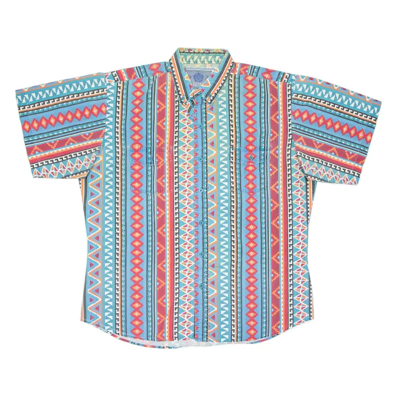 AMERICAN HERO Mens Denim Shirt Blue Crazy Pattern XL
