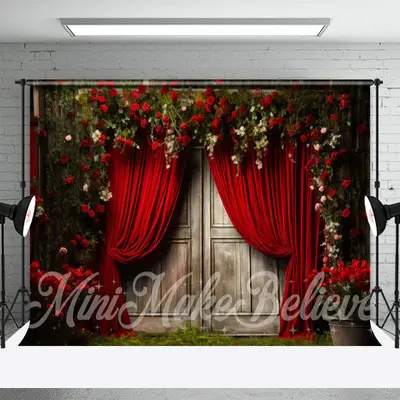 Roses Red Curtain Wood Door Grass Photo Backdrop - Aperturee