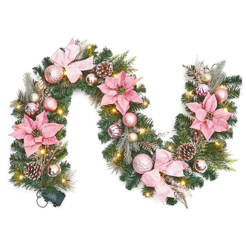 Garvee 6ft Prelit Christmas Garland with 20 LED Lights, Pink Ball Ornaments, Timer, Artificial Pine, Bows, Flexible for Indoo...