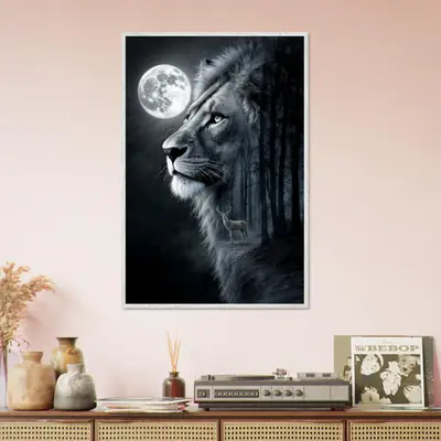 The Moonlit Guardian - Lion and Deer Framed Art