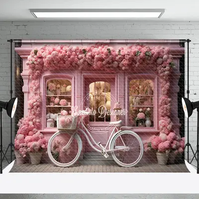 Pink Floral Shop Bike Spring Backdrop For Photograph - Aperturee