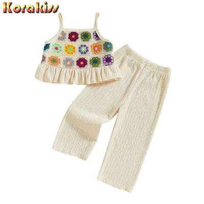 Toddler Girls 2 Piece Outfits Crocheted Flowers/Fruit Ruffled Camisole and Elastic Pants Set Baby Summer Clothes