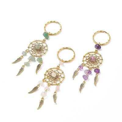Woven Net/Web with Feather Natural & Synthetic Gemstone Pendant Keychain
