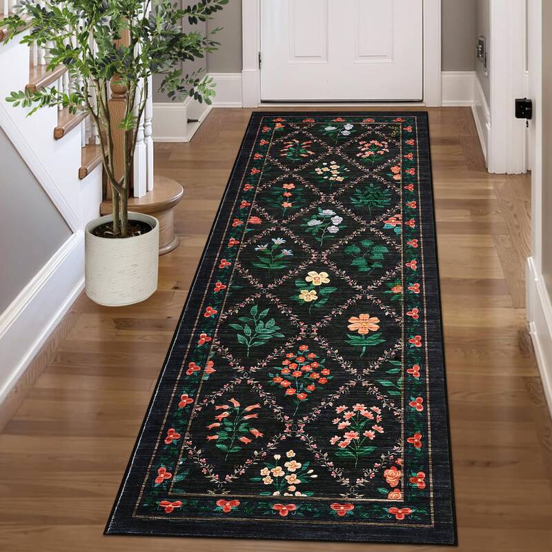 Garvee Floral Printed Runner Rug 2x6, Non-Slip, Ultra-Thin, 100% Polyester, Stain-Resistant, Machine Washable, Indoor Use, Be...