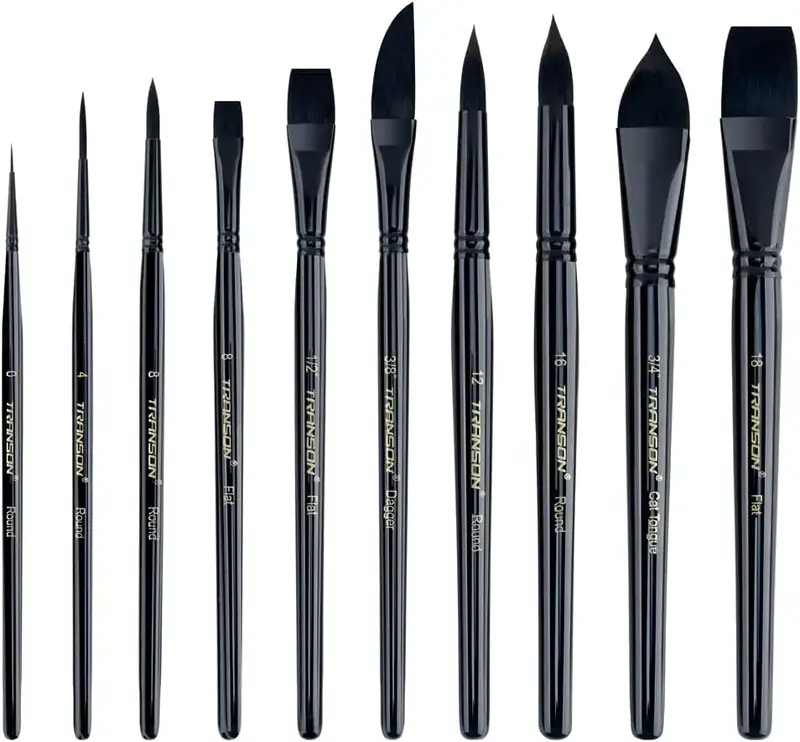 Transon 10pcs Natural Watercolor Paint Brush Set Professional for Watercolor Acrylic Ink Gouache Tempera