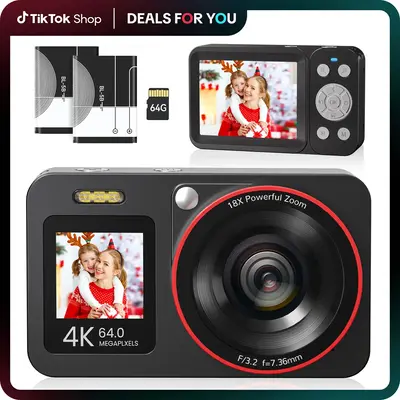 Deatti 4K Digital Camera, 1 Count 64MP Auto FocusDigital Camera, Compact & Portable Camerawith 64G Memory Card & Battery, Gif...