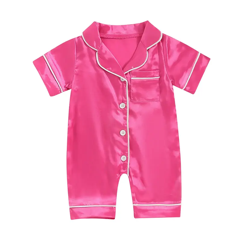 Infant Baby Girl Boy Silk Jumpsuit Pajamas Short Sleeve Button-Up Satin Pjs Footie  Romper Pajama Nightgown