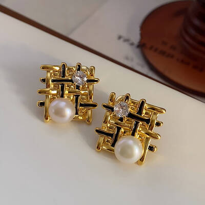 Woven Rhombus Brass Micro Pave Clear Cubic Zirconia Stud Earrings