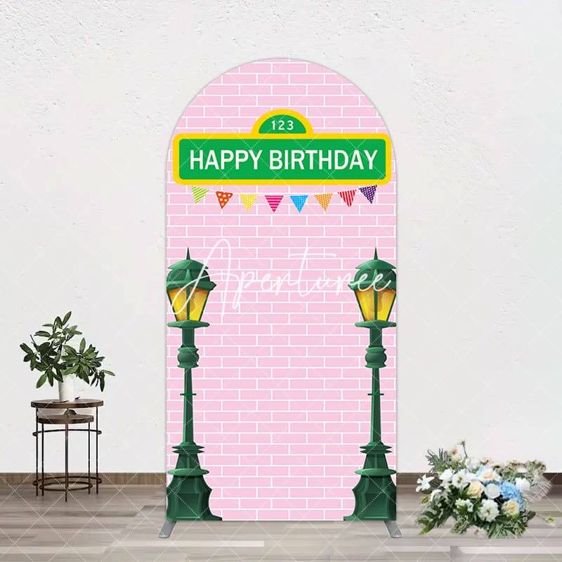Aperturee Pink Brick Wall Old Lamp Happy Birthday Arch Backdrop, 1.6X4FT(0.5X1.2M), 38.18 USD, arch backdrop kit, GHJ07057-A