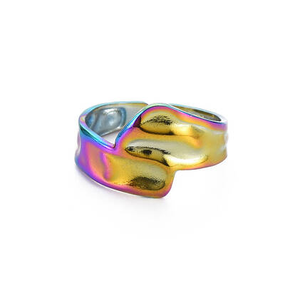 Rainbow Color 304 Stainless Steel Irregular Wide Band Open Cuff Ring for Women