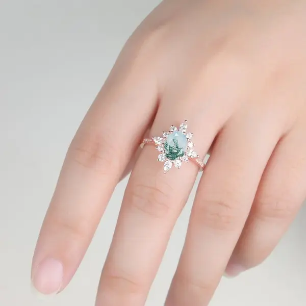 Moss Agate Diamond Halo Engagement Ring Vintage
