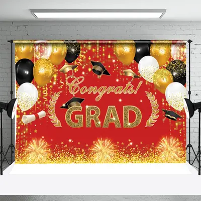 Sparkle Balloons Red Congrats Graduation Backdrop - Aperturee