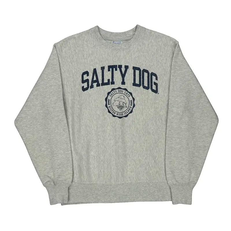 Reverse Weave Salty Dog Cafe Champion Spellout Sweatshirt - Medium Grey Cotton Blend