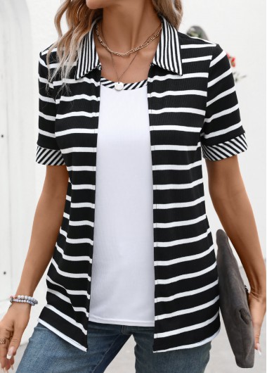 Modlily Black Fake 2in1 Striped Short Sleeve T Shirt - XL