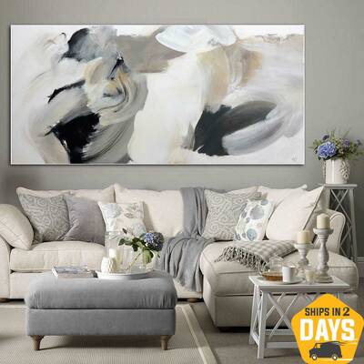 Large Abstract Beige Oil Painting On Canvas Original Modern Minimalist Art Textured Wall Decor | LEGEND 21.2"x44.9"