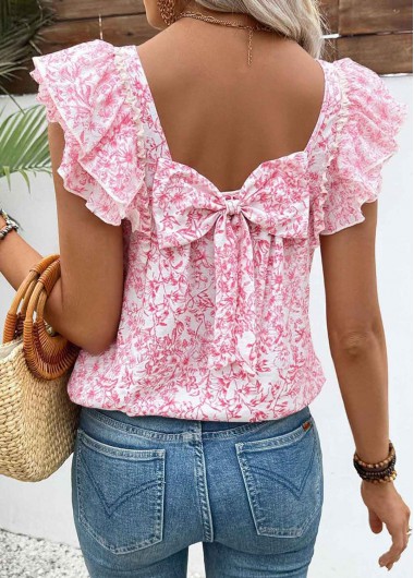 Modlily Pink Floral Print Short Sleeve Square Neck T Shirt - L