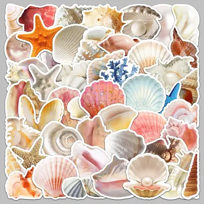 Sea Shell Pattern Sticker, 50pcs/set Waterproof Self Adhesive Decor Paper, Decor Sticker For Gift & Greeting Card & Water Bot...