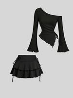 Women's Solid Color Long Sleeve Top & Skirt Two-piece Set, Casual Fashion Cozy Top & Skirt for Daily Outdoor Wear, Ladies Spr...